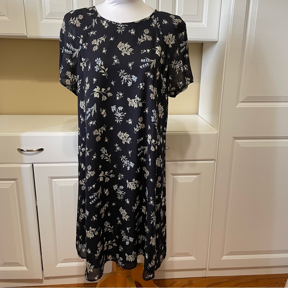 Melissa Harper MHM Dress 14 Black & Floral Round Neck Shear Fully Lined Midi